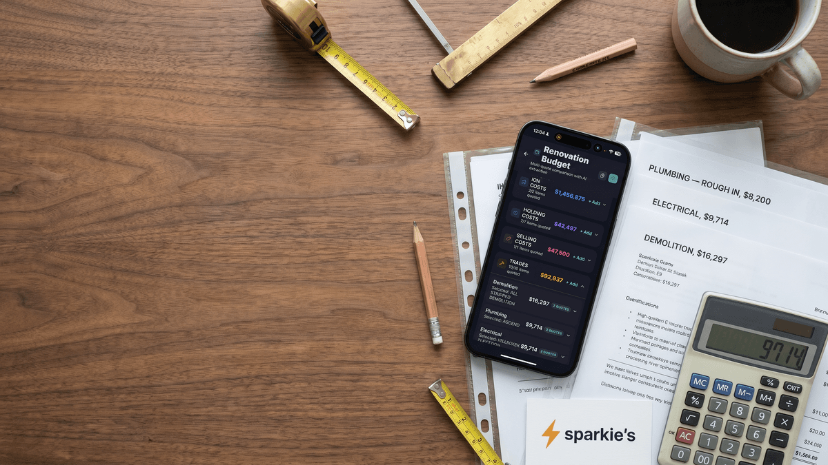 iPhone showing FlipPro's Renovation Budget with multi-quote AI extraction across Trades, Holding Costs and Selling Costs, on a walnut workbench surrounded by printed tradie quote PDFs, calculator, sparkie's business card and brass measuring tape