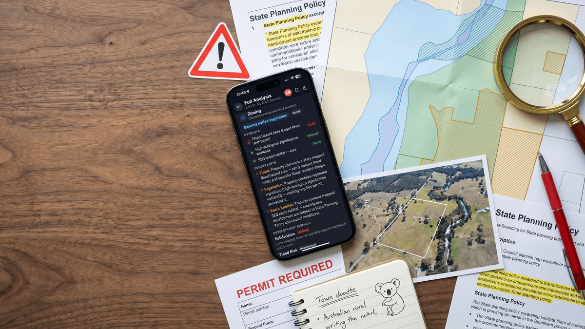 iPhone showing FlipPro's Full Analysis Zoning view detecting Flood, Wetland and Koala Habitat overlays on a rural property, on a walnut workbench surrounded by a planning policy excerpt, council overlay map, aerial photo, hazard sticker, PERMIT REQUIRED form and koala doodle