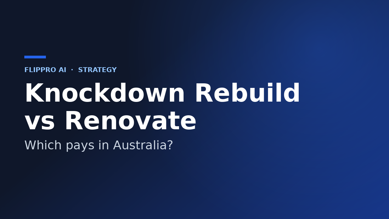 An older Australian weatherboard house with an excavator parked on the front lawn beside a half-renovated brick home, split down the middle to contrast demolition and renovation
