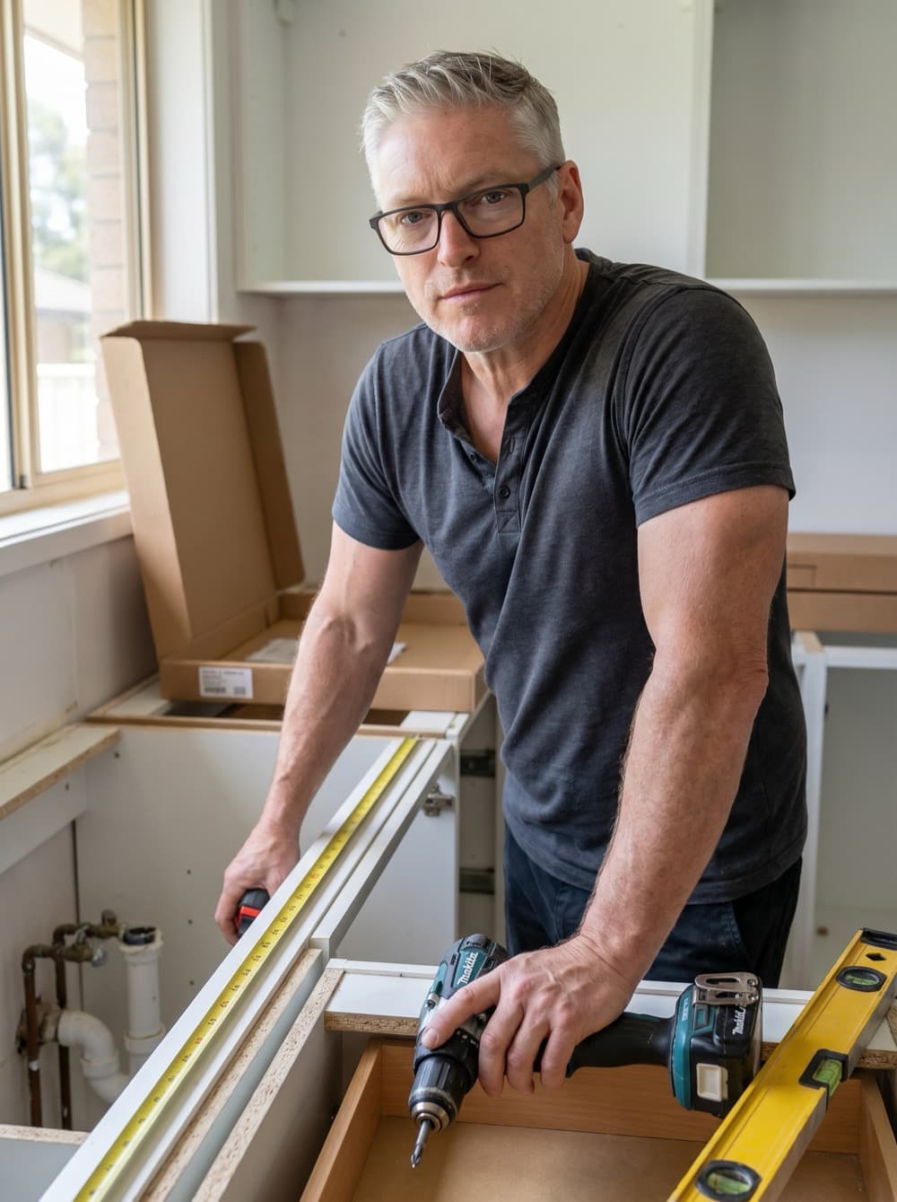 Nicholas Gee, founder of FlipPro AI, mid-renovation on a kitchen fit-out
