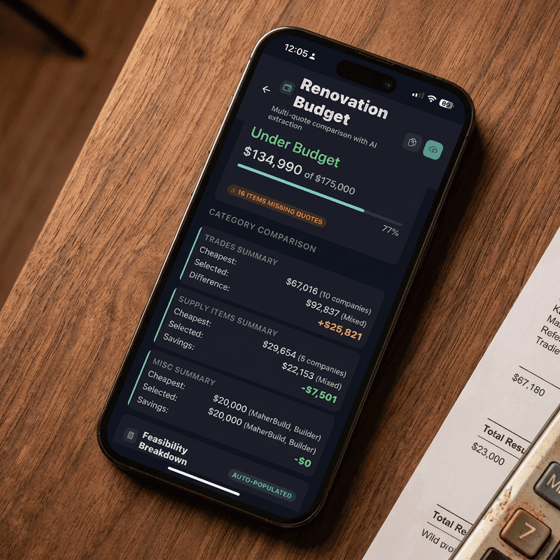 FlipPro AI Budget Tracker showing a single category's variance bars — planned vs actual