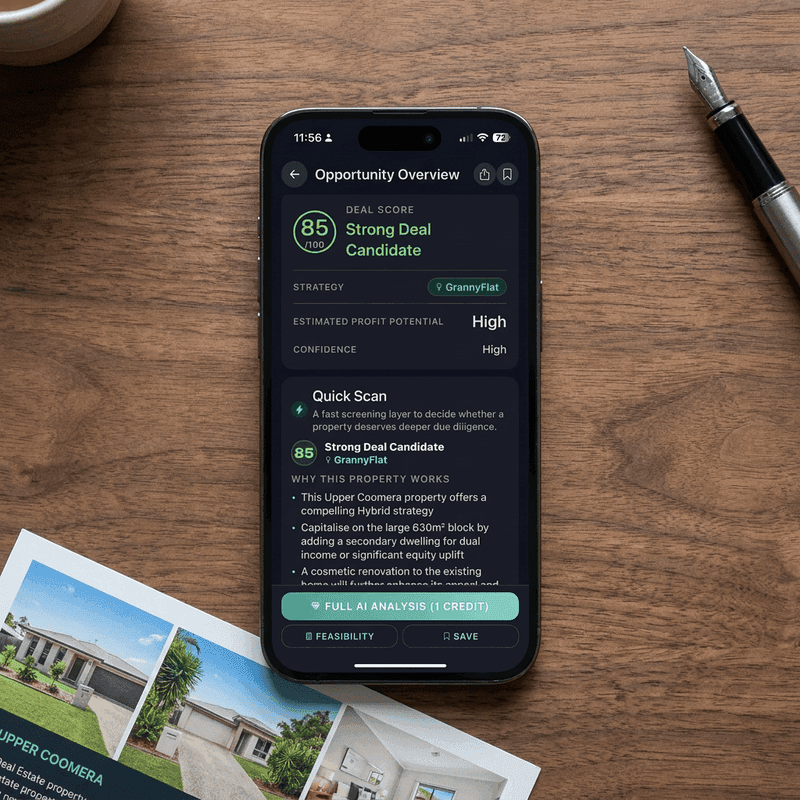 FlipPro AI Finder opportunity card with deal score, signal colour and recommended strategy tag