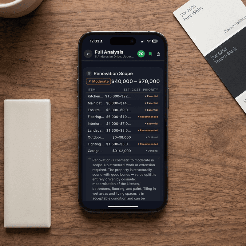 FlipPro AI Full Analysis Renovation Scope showing itemised cost lines with priority ratings