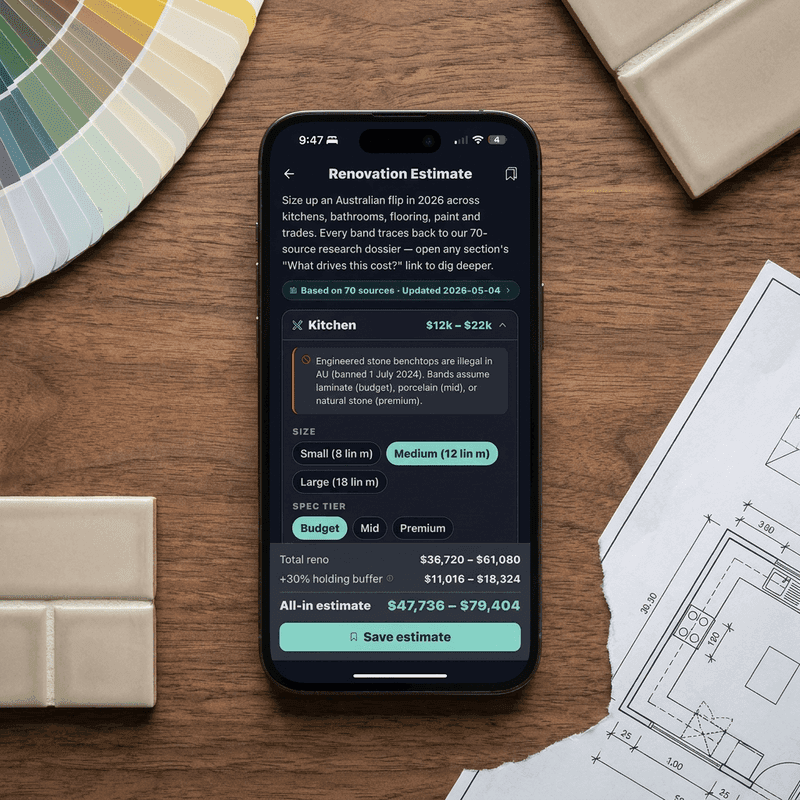 FlipPro AI Reno Estimator input screen with the kitchen tier selector mid-edit