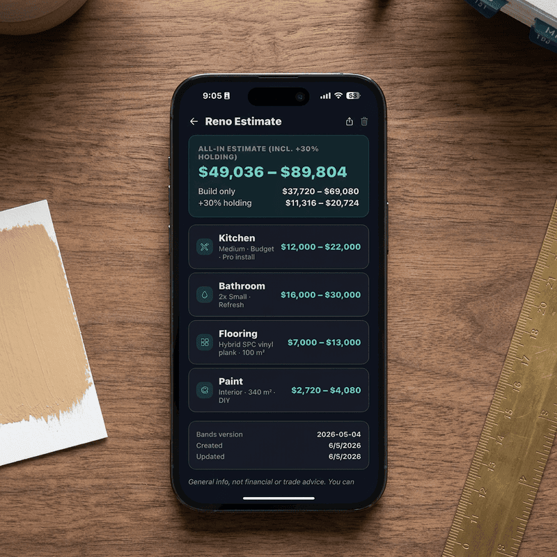 FlipPro AI Saved Reno Estimate detail view showing line items by category and the all-in total