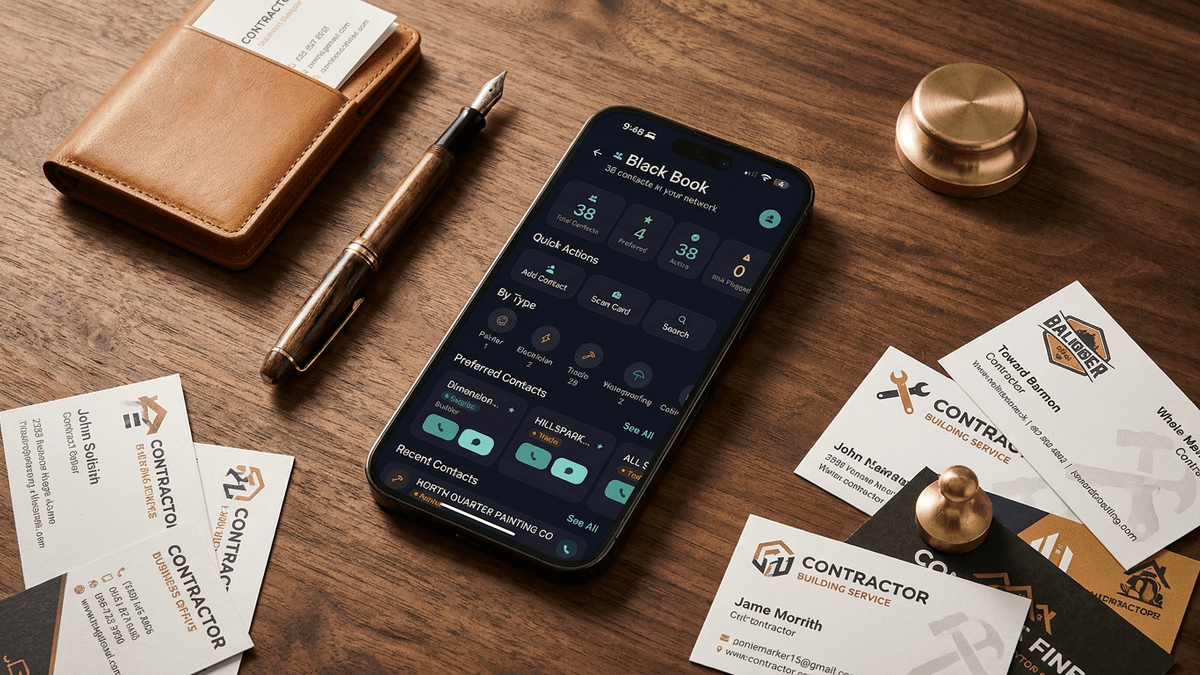 FlipPro AI Black Book showing 38 saved contacts categorised by trade — painters, electricians, plumbers and waterproofers