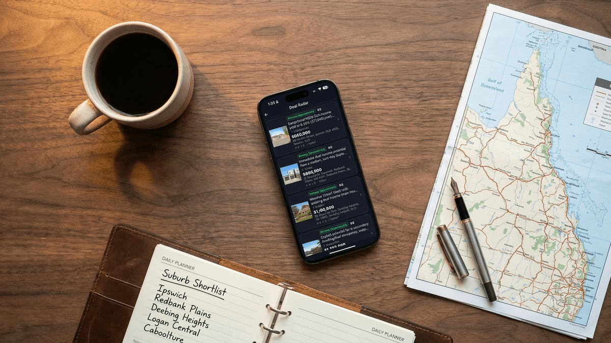 FlipPro AI Hot Opportunities feed showing four ranked Queensland property listings with mid-80s deal scores and strategy tags