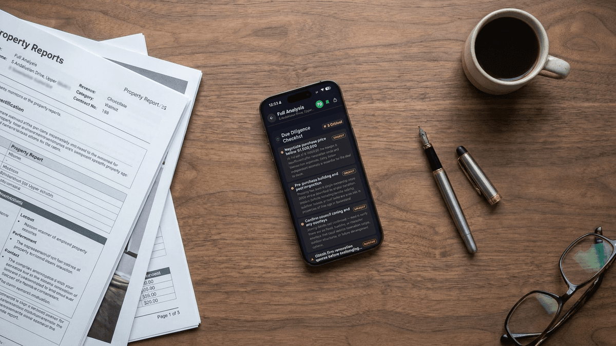 FlipPro AI Full Analysis screen for an Australian property with Due Diligence Checklist and section navigation