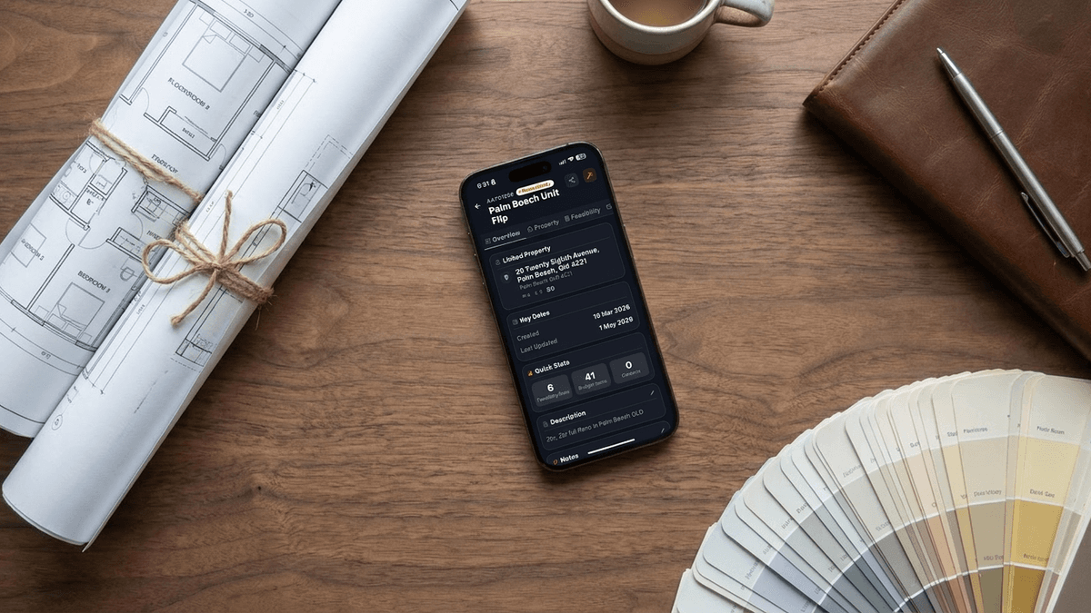 FlipPro AI Project Overview showing the Palm Beach project with status indicators and financial summary
