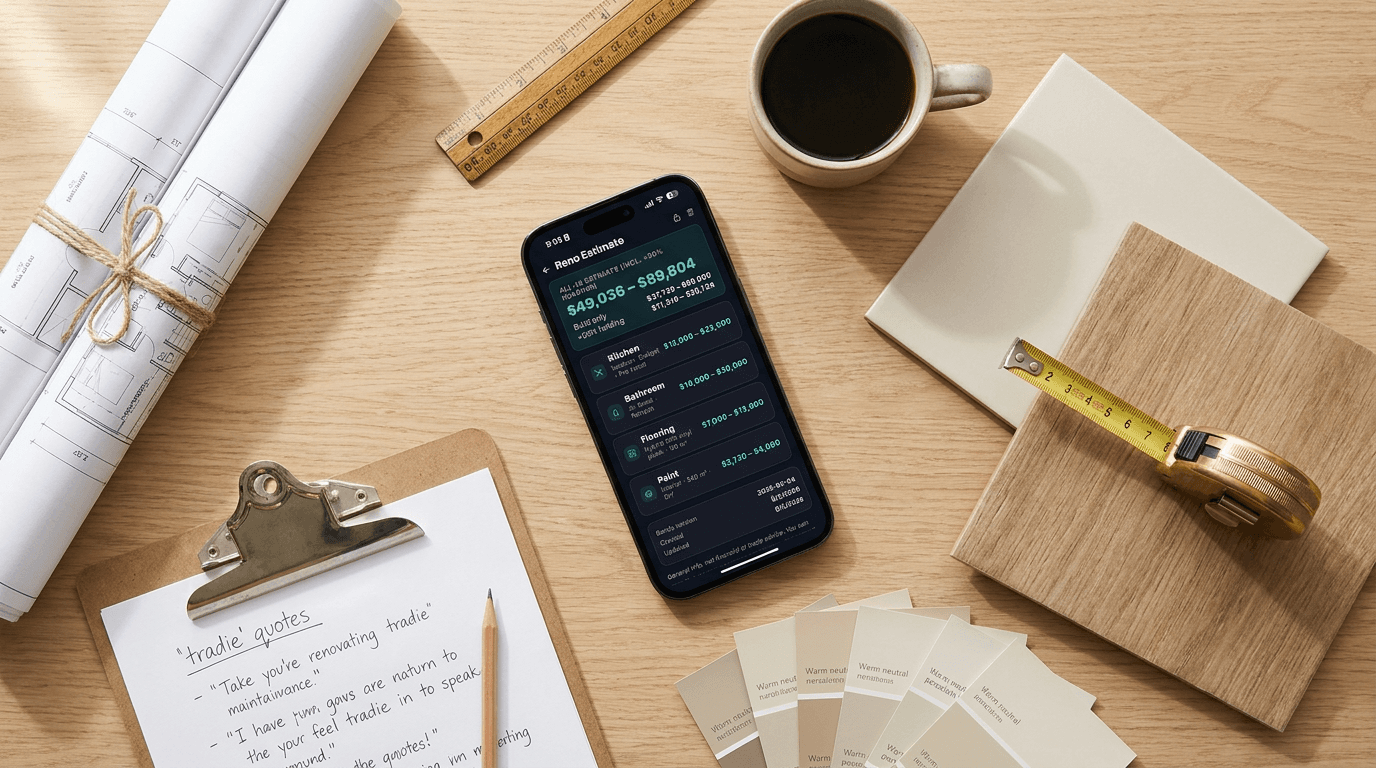 iPhone showing FlipPro AI Reno Estimator output screen — a priced renovation range from $49,036 to $89,804 all-in, with category breakdown cards for Kitchen, Bathroom, Flooring and Paint, a +30% holding allowance line and a bands-version stamp at the bottom
