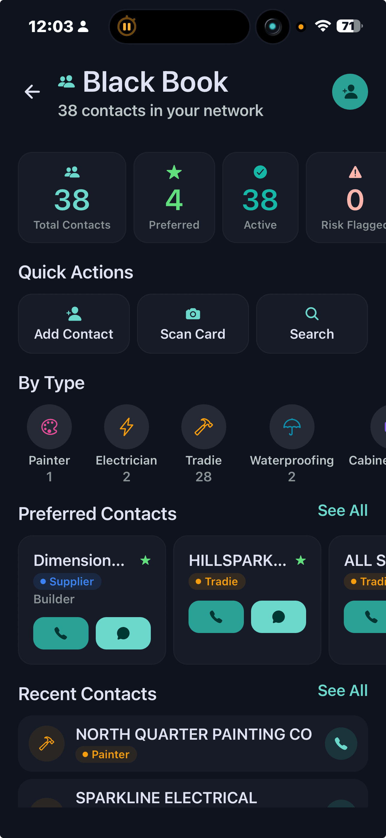 FlipPro AI Black Book showing 38 contacts in a private tradie network categorised by Painter, Electrician, Tradie and Waterproofing trades