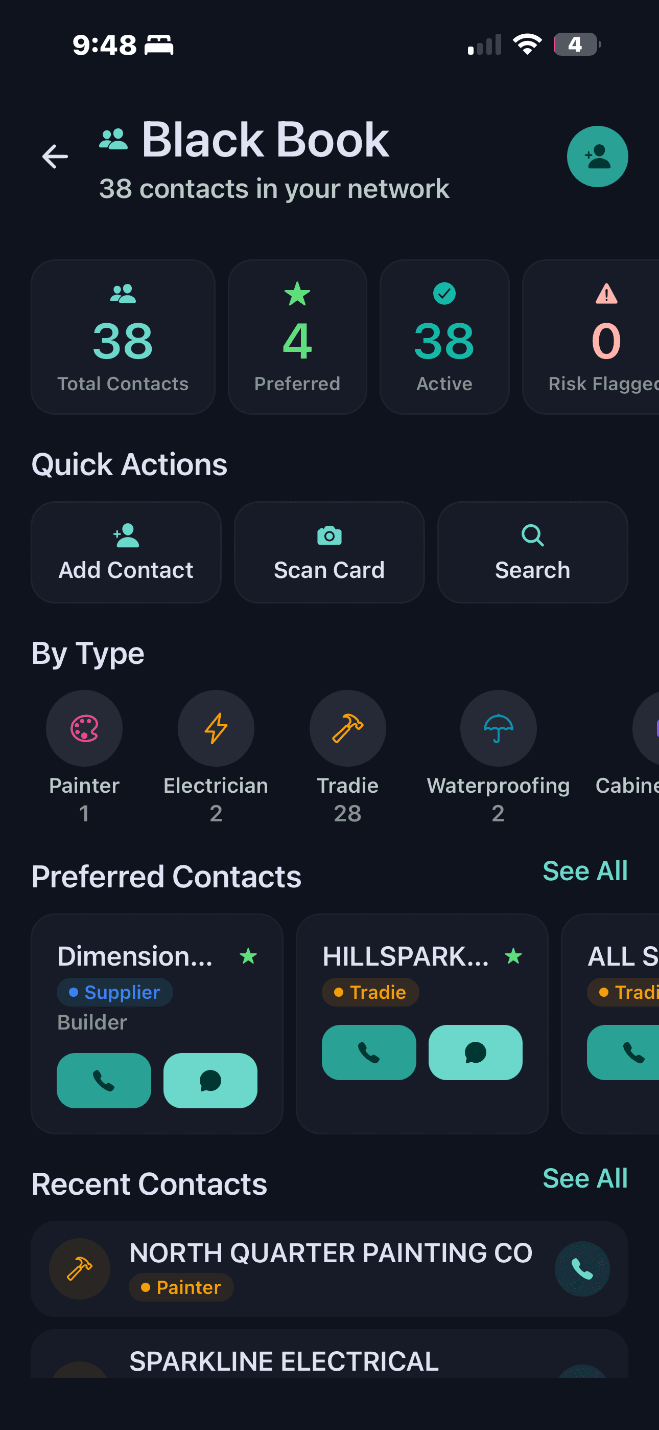 FlipPro AI Black Book showing 38 saved contacts categorised by trade type — painters, electricians, plumbers and waterproofers