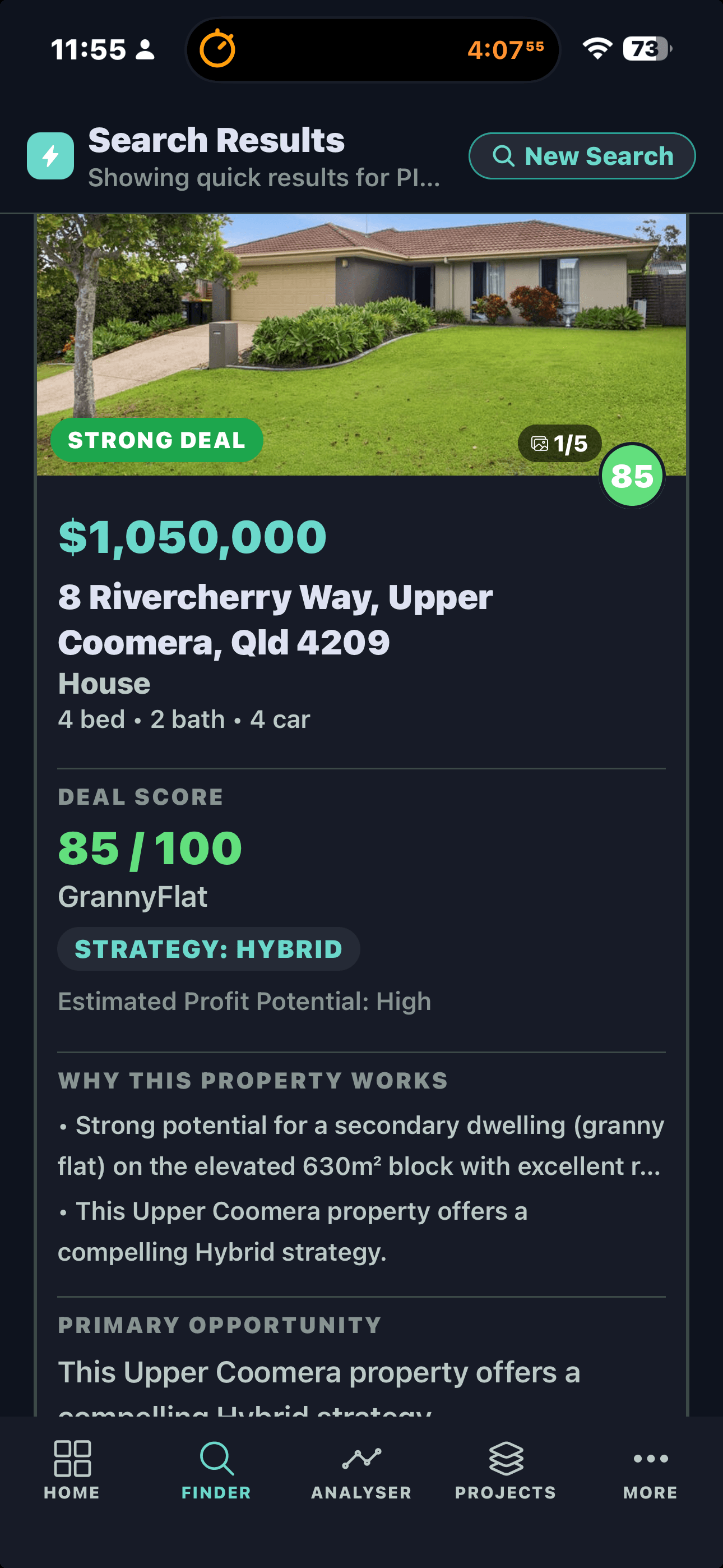 FlipPro AI Finder showing search results with a Strong Deal property in Mount Druitt, NSW with a deal score and recommended strategy