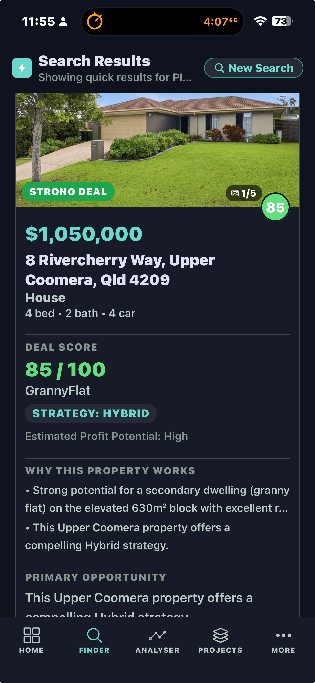 FlipPro AI Finder showing a $1,050,000 Strong Deal property in Upper Coomera, Queensland with a deal score of 85 out of 100 and a GrannyFlat strategy tag