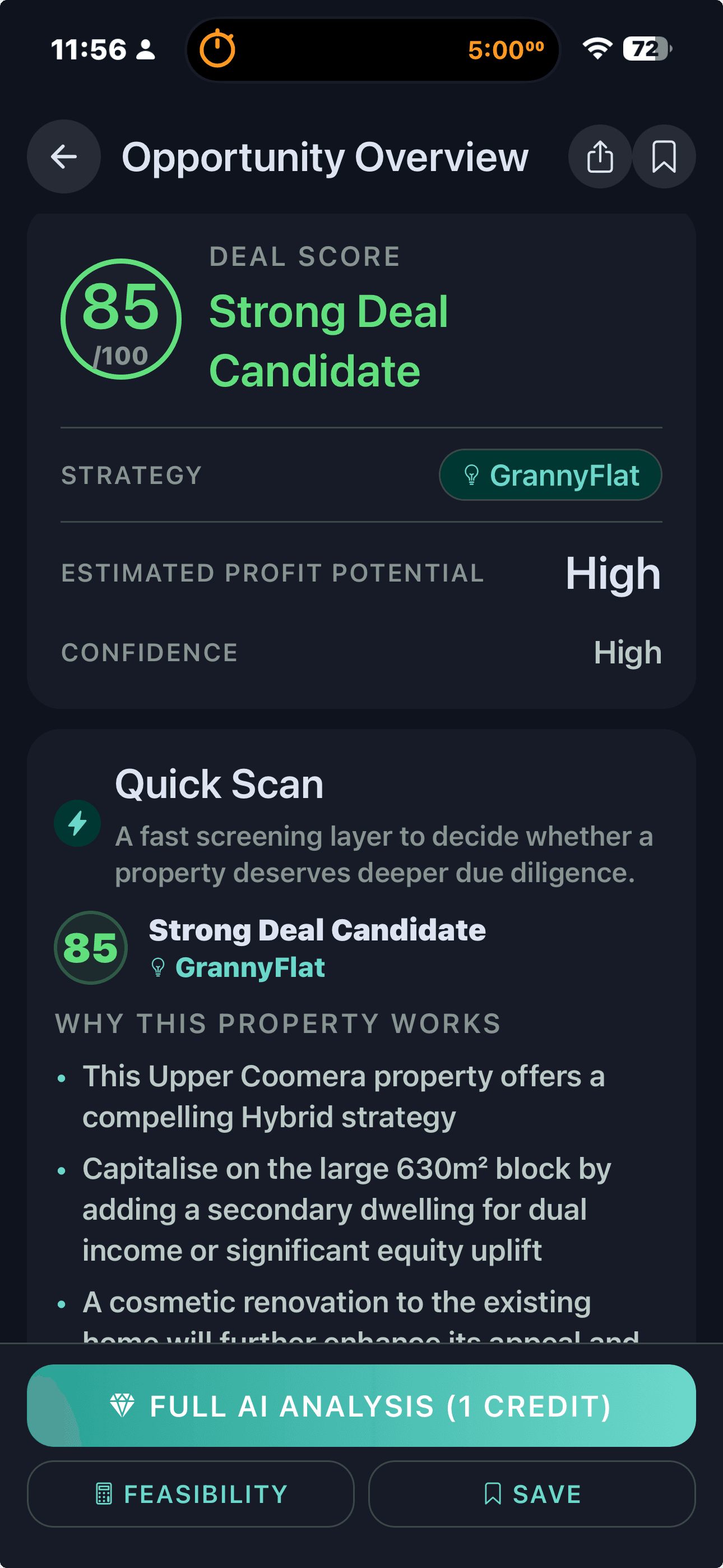 FlipPro AI Opportunity Overview showing a property with deal score 85 out of 100, Strong Deal Candidate label, and Quick Scan analysis explaining the Hybrid strategy potential