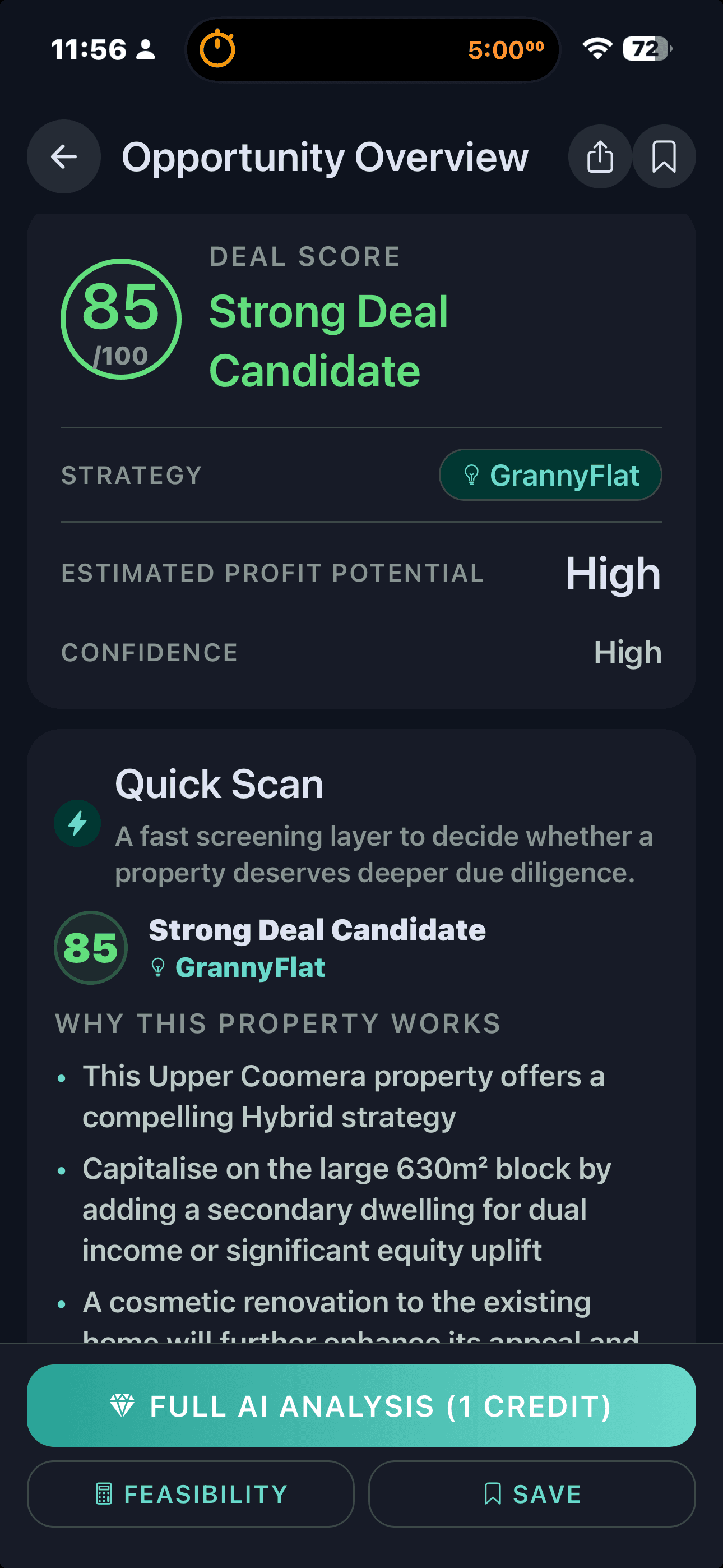 FlipPro AI Finder opportunity overview with Quick Scan analysis explaining the Hybrid strategy potential