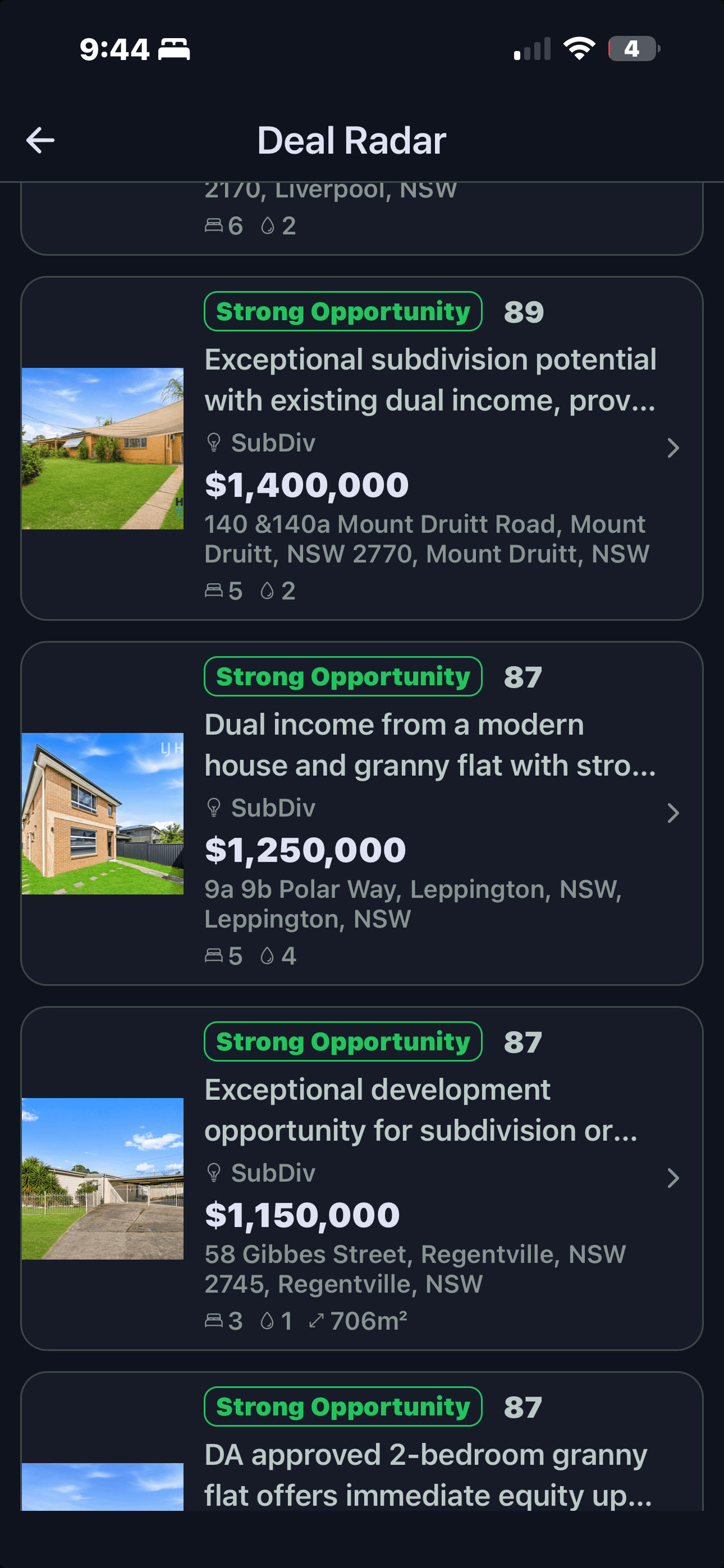 FlipPro AI Hot Opportunities showing four daily AI-curated property opportunities with deal scores in the mid-80s and strategy tags including subdivision, dual-occupancy and granny flat