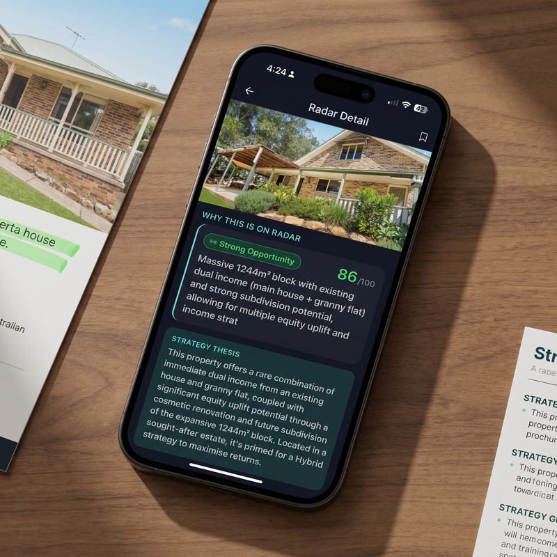 FlipPro AI Deal Radar detail view showing a brick house with veranda, a Strong Opportunity badge with score 86/100, and the Strategy Thesis explaining the rare combination of immediate dual income, equity uplift potential through cosmetic renovation, and future subdivision of the 1244m² block