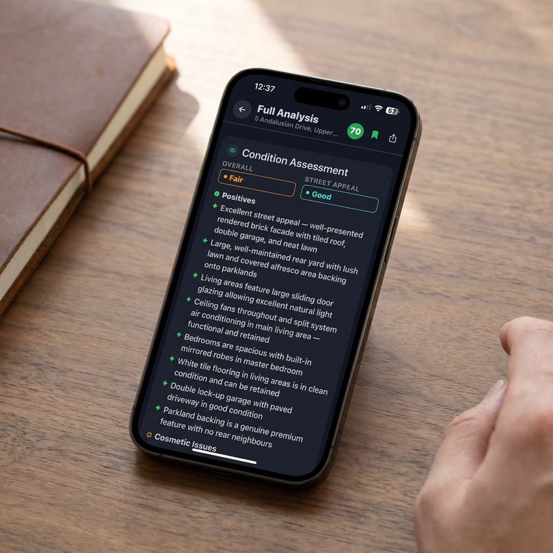 FlipPro AI Full Analysis Condition Assessment showing OVERALL Fair, STREET APPEAL Good, with a list of property positives including parkland backing, sliding door glazing, ceiling fans, spacious bedrooms with built-in robes, white tile flooring and double lock-up garage