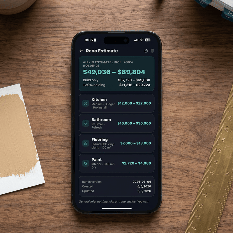 FlipPro AI Saved Reno Estimate detail view showing line items by category and the all-in total