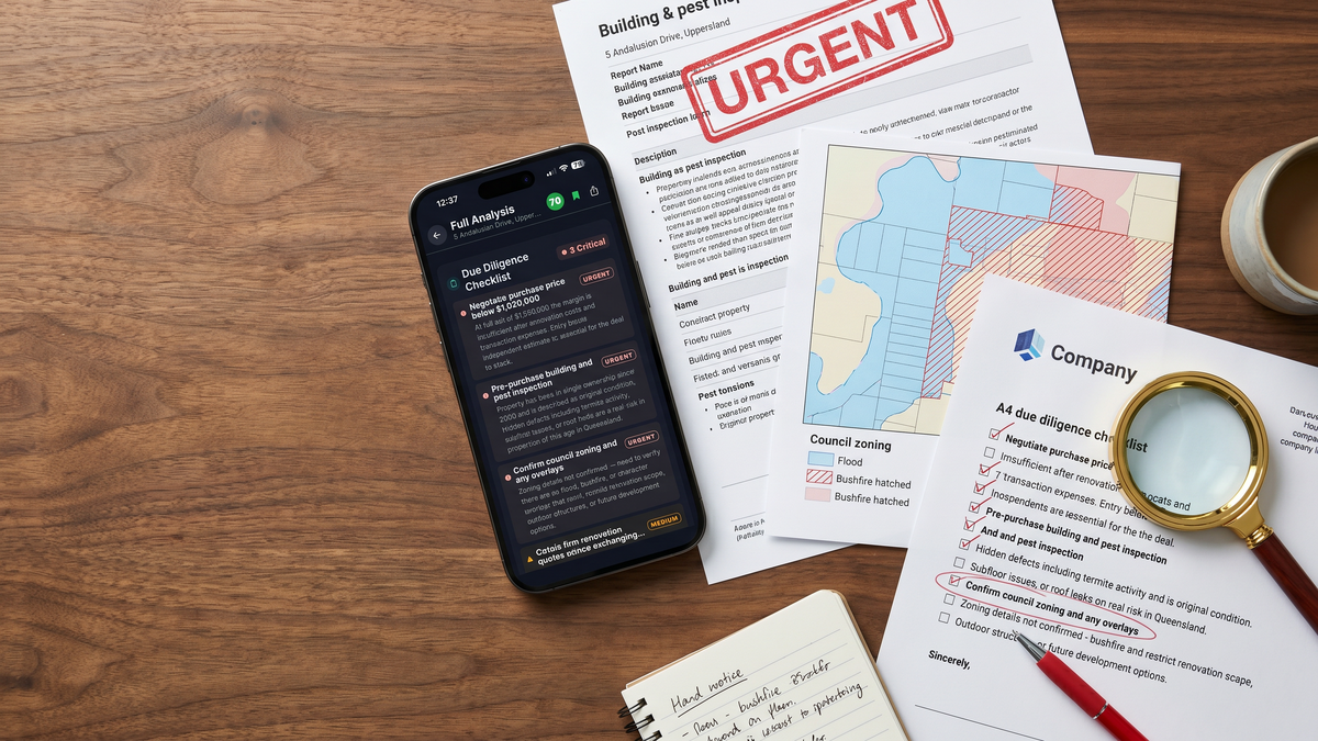 iPhone showing FlipPro AI's Full Analysis Due Diligence Checklist with 3 Critical items including pricing too high, building inspection needed and council zoning to verify, on a walnut workbench surrounded by an URGENT-stamped building report, a council zoning map, a ticked checklist and a brass magnifying glass